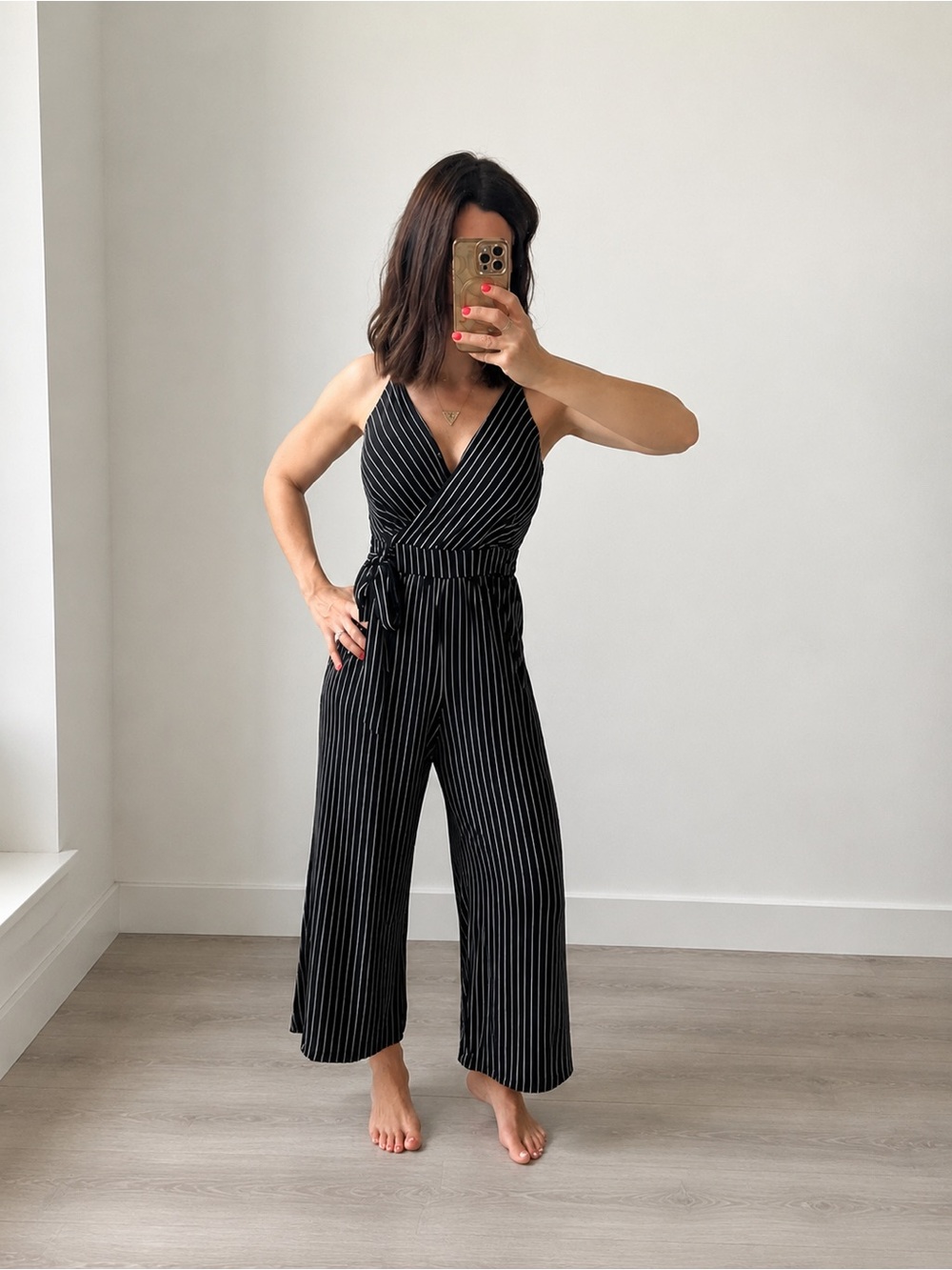 KaiTeigh Black Pinstripe Wrap Wide-Leg Jumpsuit Petite XSP